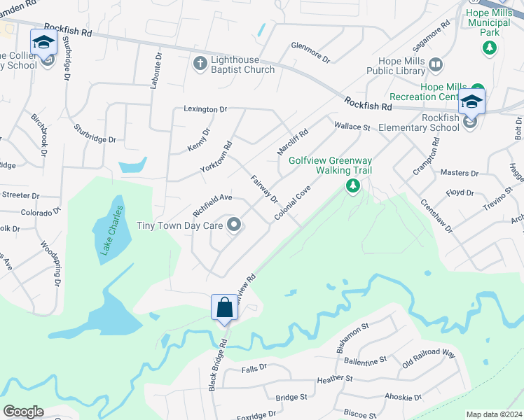 map of restaurants, bars, coffee shops, grocery stores, and more near 5814 Richfield Avenue in Hope Mills
