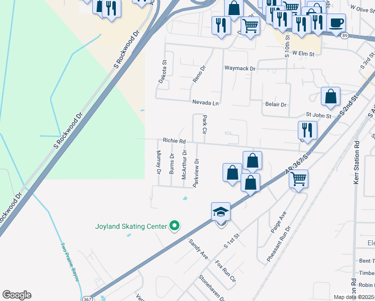 map of restaurants, bars, coffee shops, grocery stores, and more near 10 McArthur Drive in Cabot