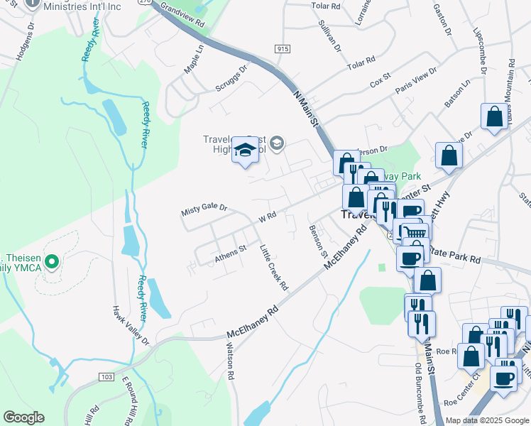 map of restaurants, bars, coffee shops, grocery stores, and more near 105 Solis Court in Travelers Rest