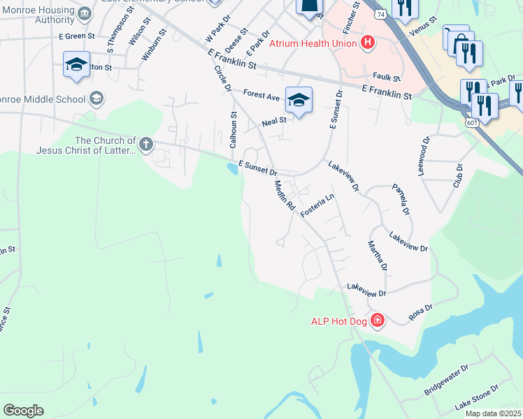 map of restaurants, bars, coffee shops, grocery stores, and more near 1109 Keswick Place in Monroe