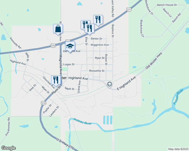 map of restaurants, bars, coffee shops, grocery stores, and more near 501 Carter Street in Poteau