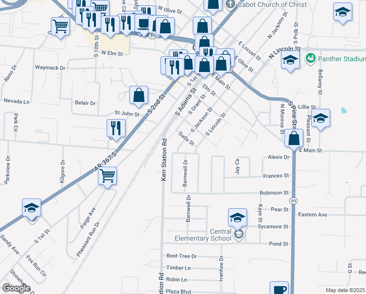 map of restaurants, bars, coffee shops, grocery stores, and more near 200 Suda Street in Cabot