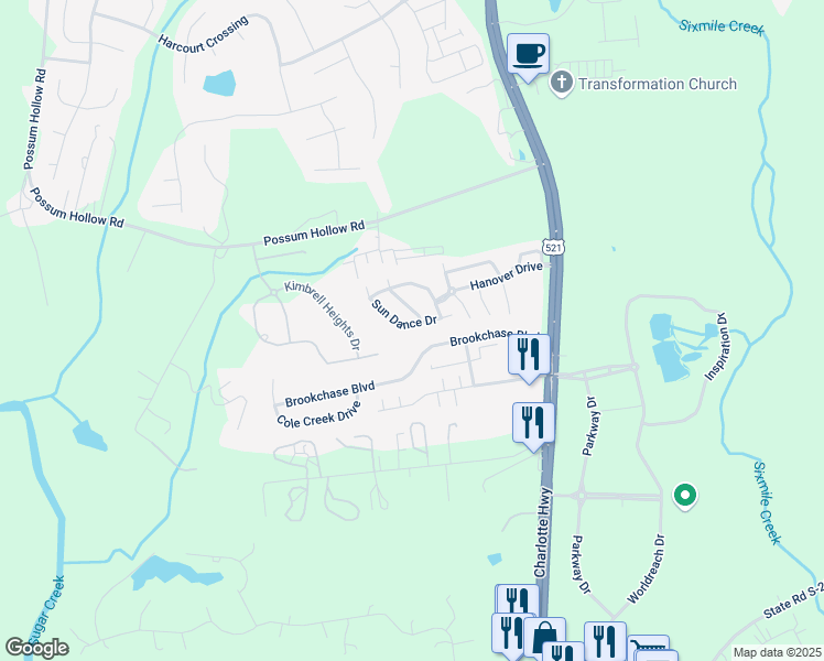map of restaurants, bars, coffee shops, grocery stores, and more near 8015 Long House Lane in Indian Land