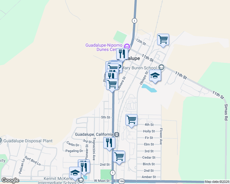 map of restaurants, bars, coffee shops, grocery stores, and more near 752 Olivera Street in Guadalupe