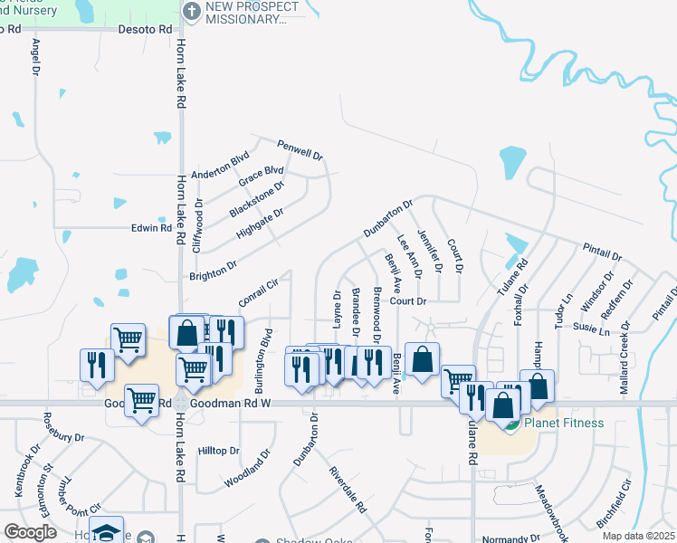 map of restaurants, bars, coffee shops, grocery stores, and more near 7220 Dunbarton Drive in Horn Lake