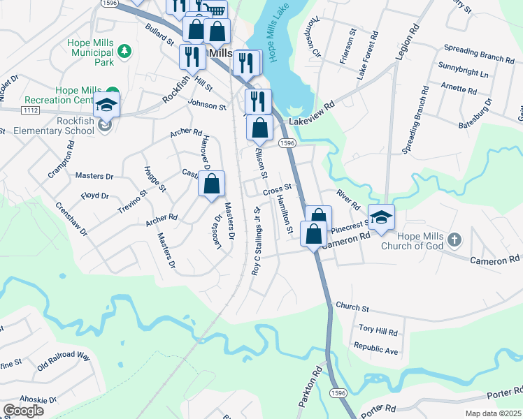 map of restaurants, bars, coffee shops, grocery stores, and more near 5022 Roy C Stallings Junior Street in Hope Mills
