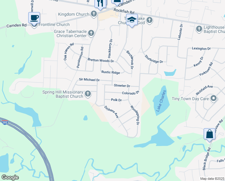 map of restaurants, bars, coffee shops, grocery stores, and more near 4008 Colorado Drive in Hope Mills