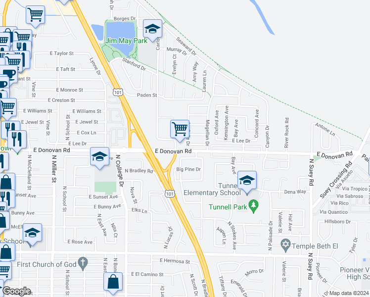 map of restaurants, bars, coffee shops, grocery stores, and more near 1603 La Salle Drive in Santa Maria