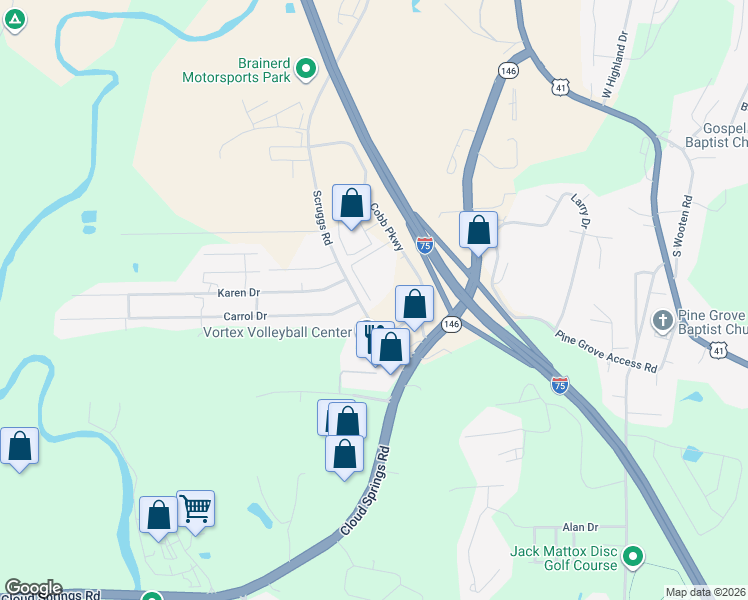 map of restaurants, bars, coffee shops, grocery stores, and more near 20 Scruggs Road in Ringgold