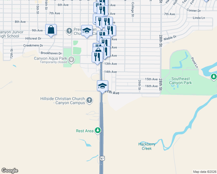 map of restaurants, bars, coffee shops, grocery stores, and more near 1413 23rd Street in Canyon