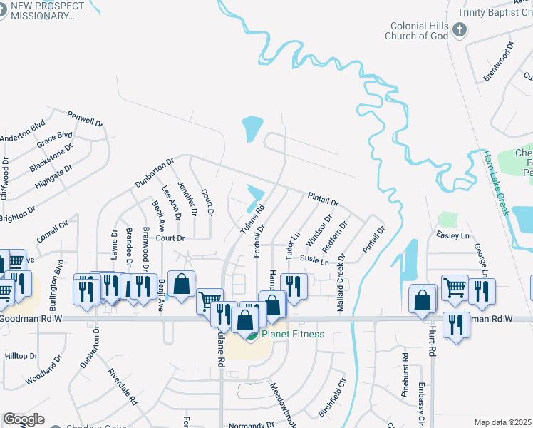 map of restaurants, bars, coffee shops, grocery stores, and more near 7077 Foxhall Drive in Horn Lake