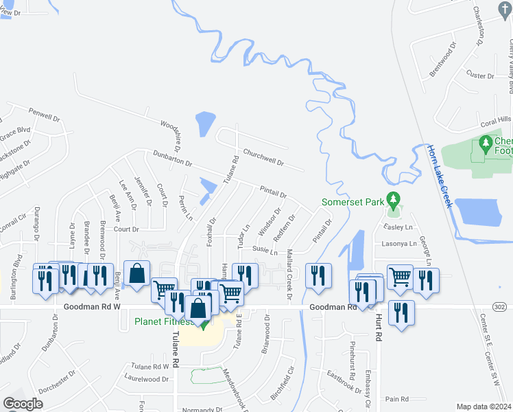 map of restaurants, bars, coffee shops, grocery stores, and more near 7105 Tudor Lane in Horn Lake