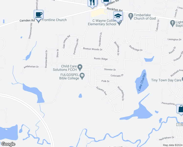 map of restaurants, bars, coffee shops, grocery stores, and more near 3925 Princess Amelia Lane in Hope Mills