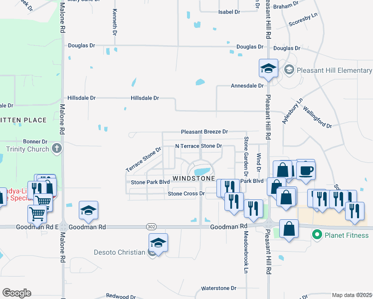 map of restaurants, bars, coffee shops, grocery stores, and more near 4683 North Terrace Stone Drive in Olive Branch