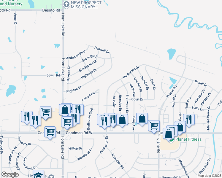 map of restaurants, bars, coffee shops, grocery stores, and more near 7220 Dunbarton Drive in Horn Lake