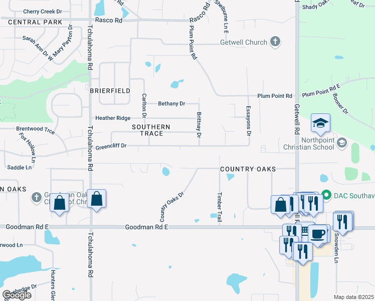 map of restaurants, bars, coffee shops, grocery stores, and more near 2475 Greencliff Drive in Southaven