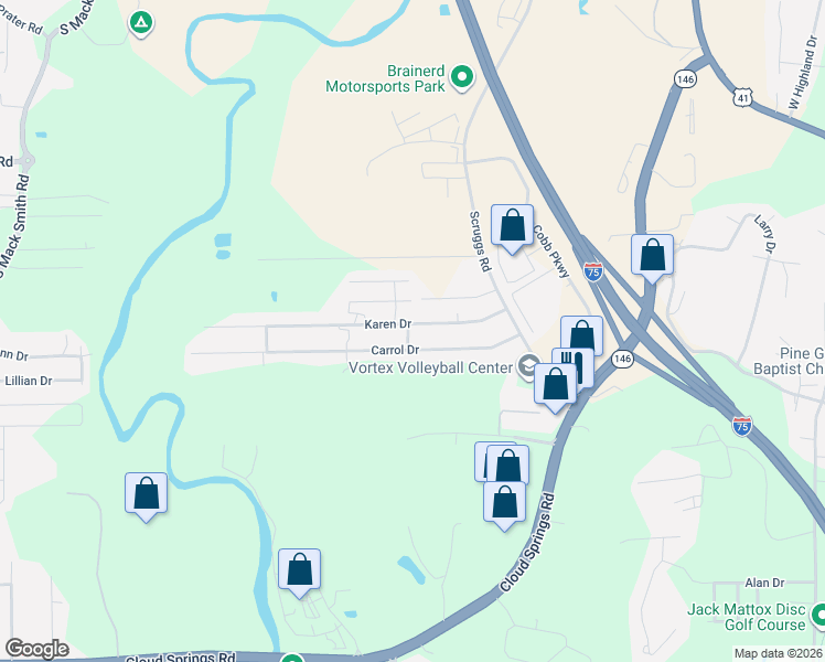 map of restaurants, bars, coffee shops, grocery stores, and more near 227 Karen Drive in Ringgold