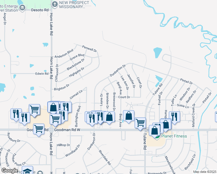 map of restaurants, bars, coffee shops, grocery stores, and more near 7222 Layne Drive in Horn Lake