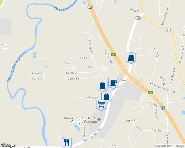 map of restaurants, bars, coffee shops, grocery stores, and more near 83 Karen Drive in Ringgold