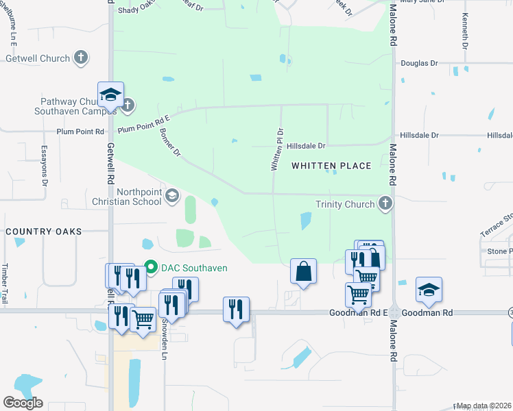 map of restaurants, bars, coffee shops, grocery stores, and more near 3525 Bonner Drive in Olive Branch