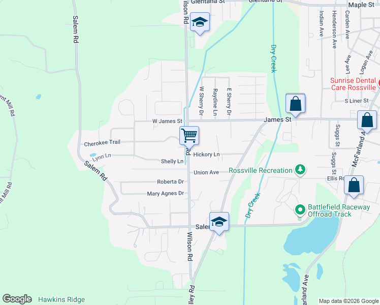 map of restaurants, bars, coffee shops, grocery stores, and more near 1430 Wilson Road in Rossville