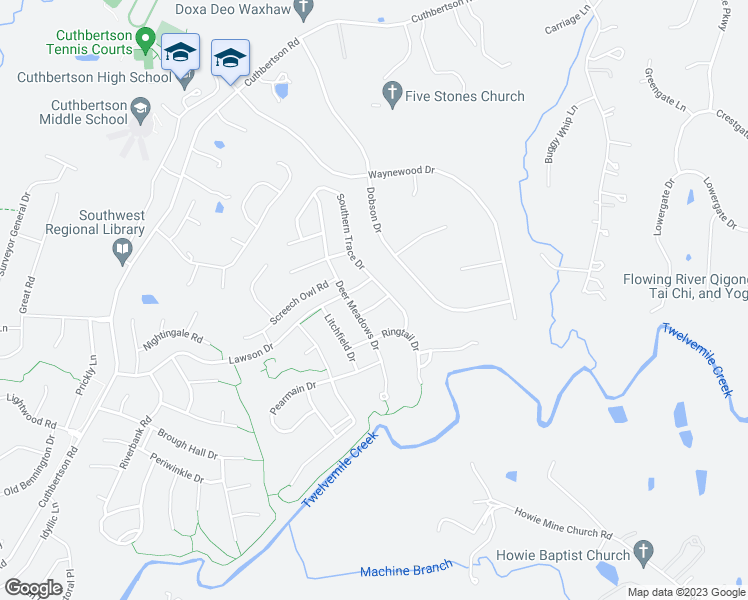map of restaurants, bars, coffee shops, grocery stores, and more near 3013 Sewee Lane in Waxhaw