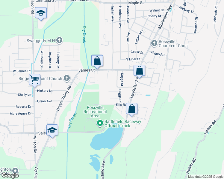 map of restaurants, bars, coffee shops, grocery stores, and more near 109 Ellis Drive in Rossville