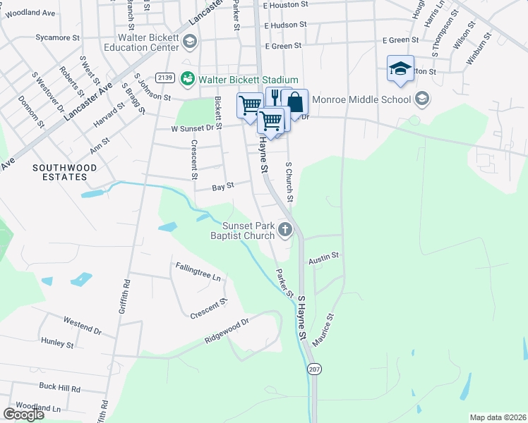 map of restaurants, bars, coffee shops, grocery stores, and more near 1278 South Hayne Street in Monroe