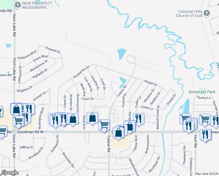 map of restaurants, bars, coffee shops, grocery stores, and more near 7365 Perrin Lane in Horn Lake