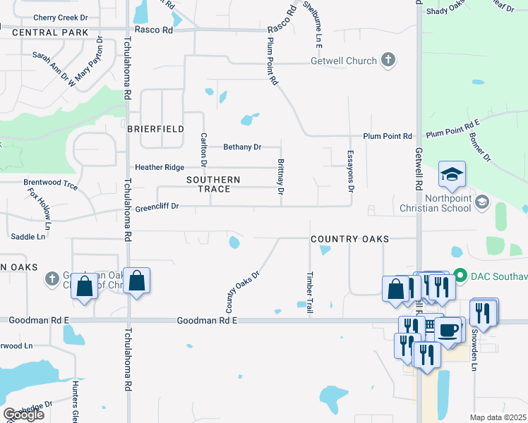 map of restaurants, bars, coffee shops, grocery stores, and more near 2475 Greencliff Drive in Southaven