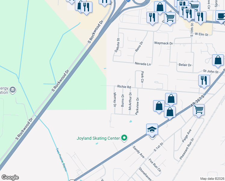 map of restaurants, bars, coffee shops, grocery stores, and more near 12 Murray Drive in Cabot