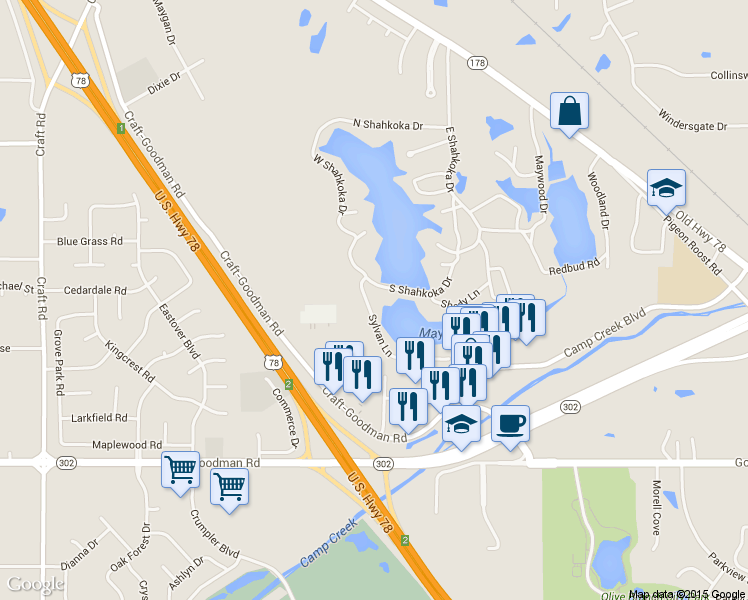map of restaurants, bars, coffee shops, grocery stores, and more near 7280 Sylvan Lane in Olive Branch