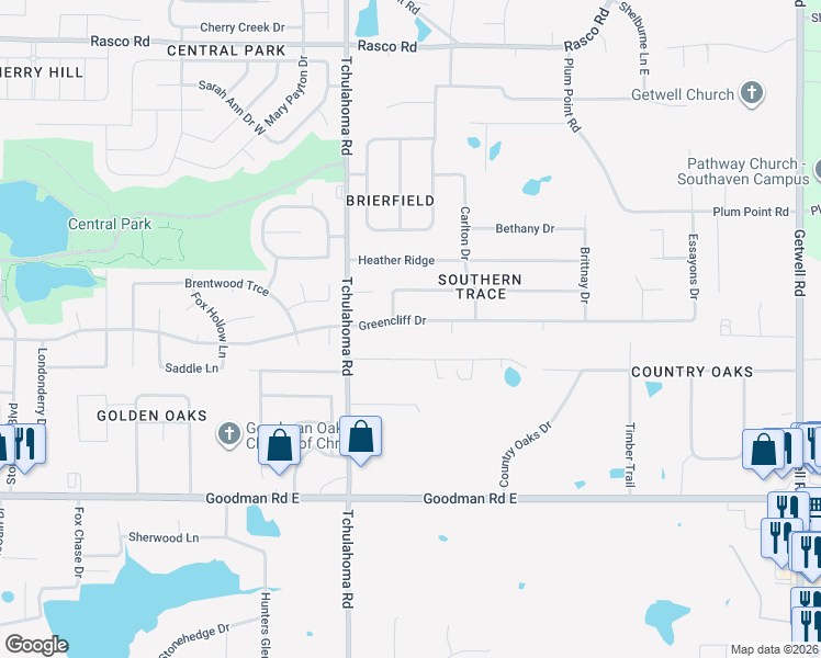 map of restaurants, bars, coffee shops, grocery stores, and more near 2139 Greencliff Drive in Southaven