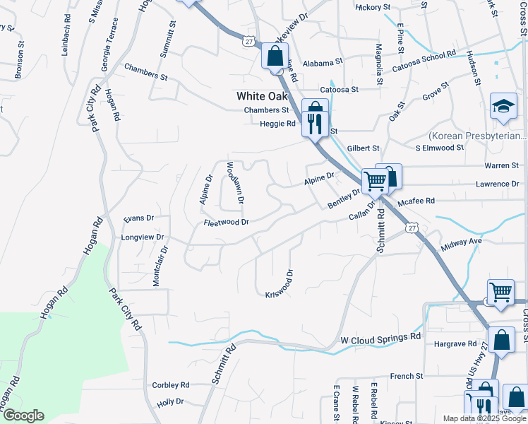 map of restaurants, bars, coffee shops, grocery stores, and more near 217 Alpine Drive in Rossville