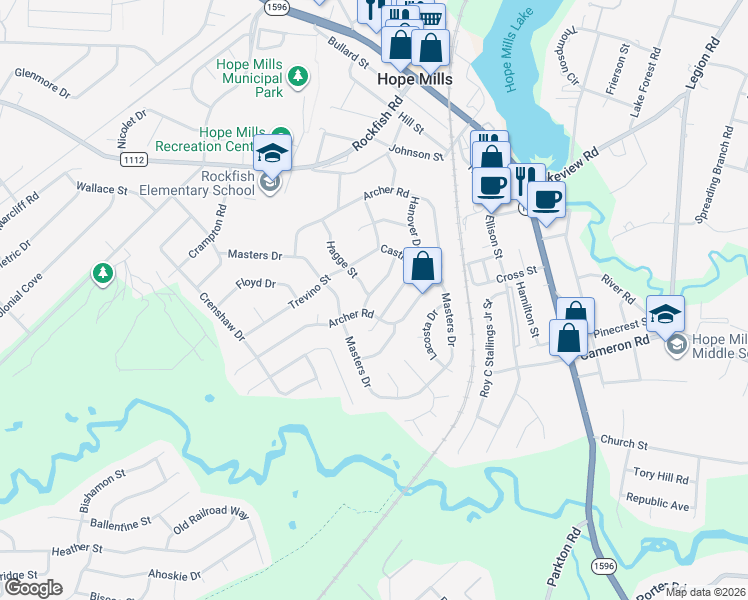 map of restaurants, bars, coffee shops, grocery stores, and more near 3668 Highgate Dr in Hope Mills