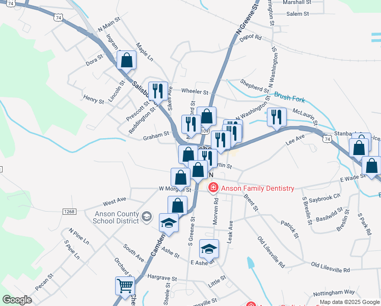 map of restaurants, bars, coffee shops, grocery stores, and more near 212 N Rutherford St in Wadesboro
