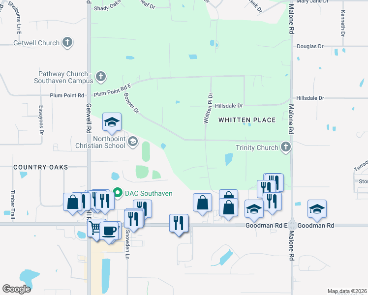 map of restaurants, bars, coffee shops, grocery stores, and more near 3525 Bonner Drive in Olive Branch