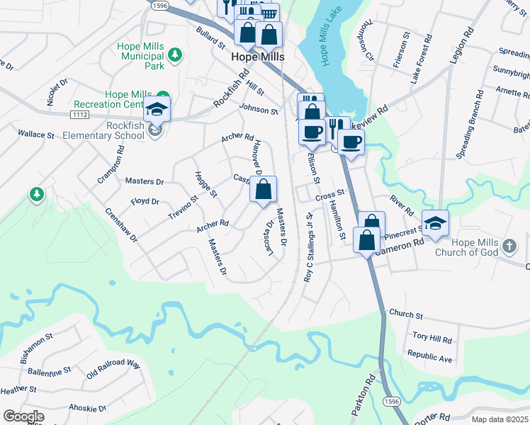 map of restaurants, bars, coffee shops, grocery stores, and more near 5440 Archer Road in Hope Mills