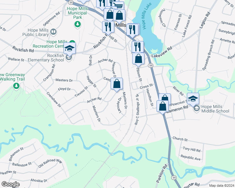 map of restaurants, bars, coffee shops, grocery stores, and more near 5440 Archer Road in Hope Mills