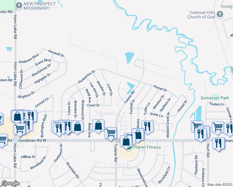 map of restaurants, bars, coffee shops, grocery stores, and more near 7369 Perrin Lane in Horn Lake