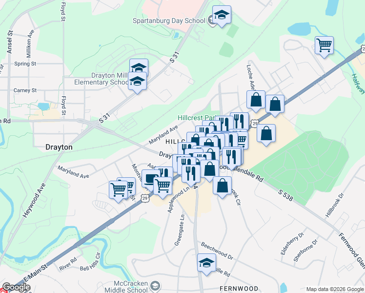 map of restaurants, bars, coffee shops, grocery stores, and more near 1586 Old Charlotte Road in Spartanburg