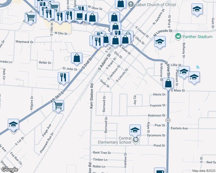map of restaurants, bars, coffee shops, grocery stores, and more near 200 Suda Street in Cabot