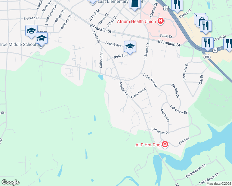 map of restaurants, bars, coffee shops, grocery stores, and more near 1111 Keswick Place in Monroe