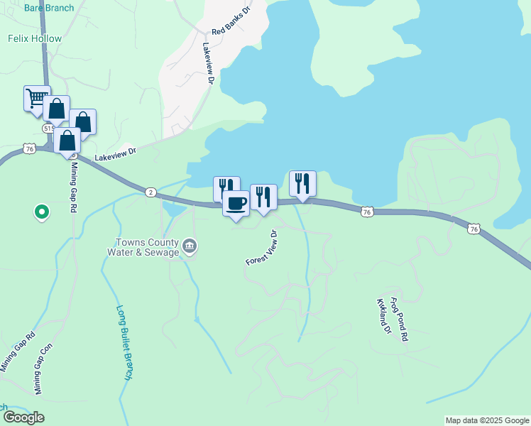 map of restaurants, bars, coffee shops, grocery stores, and more near 3243 Dogwood Lane in Hiawassee
