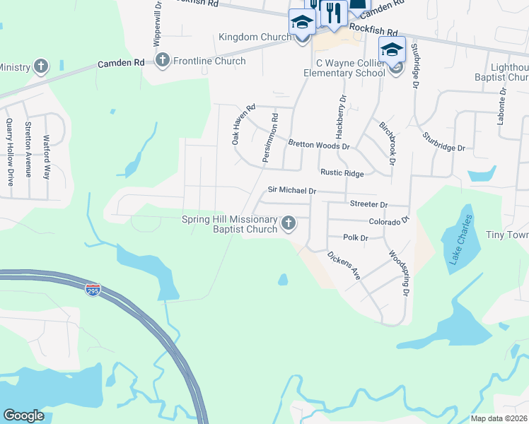 map of restaurants, bars, coffee shops, grocery stores, and more near 2216 Sir Michael Drive in Hope Mills