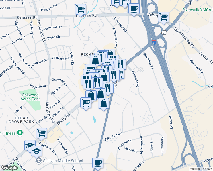 map of restaurants, bars, coffee shops, grocery stores, and more near 2374 Cherry Road in Rock Hill