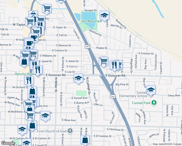 map of restaurants, bars, coffee shops, grocery stores, and more near 739 East Donovan Road in Santa Maria