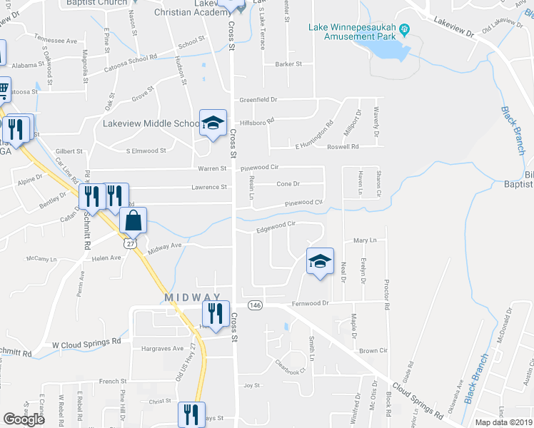 map of restaurants, bars, coffee shops, grocery stores, and more near 587 Pinewood Circle in Fort Oglethorpe