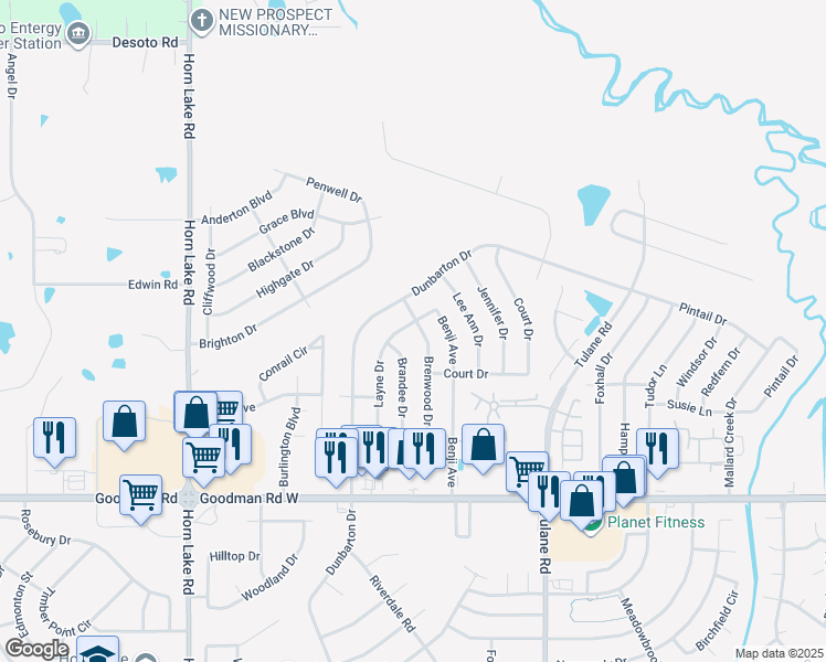 map of restaurants, bars, coffee shops, grocery stores, and more near 7232 Layne Drive in Horn Lake