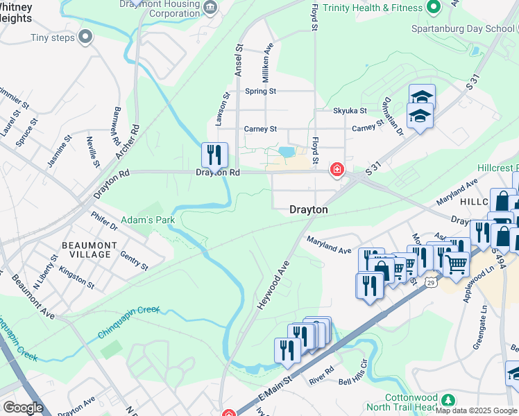 map of restaurants, bars, coffee shops, grocery stores, and more near 1 Cleveland Court in Drayton